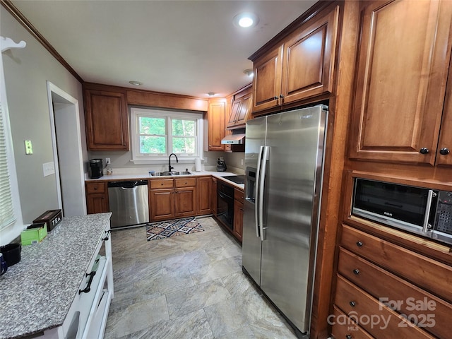 148 Palaside Dr NE, Concord, NC 28025 - kitchen featuring brown cabinetry, ornamental molding, black appliances, under cabinet range hood, and a sink