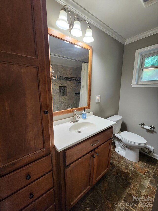 148 Palaside Dr NE, Concord, NC 28025 - bathroom with vanity, ornamental molding, visible vents, toilet, and stone tile flooring