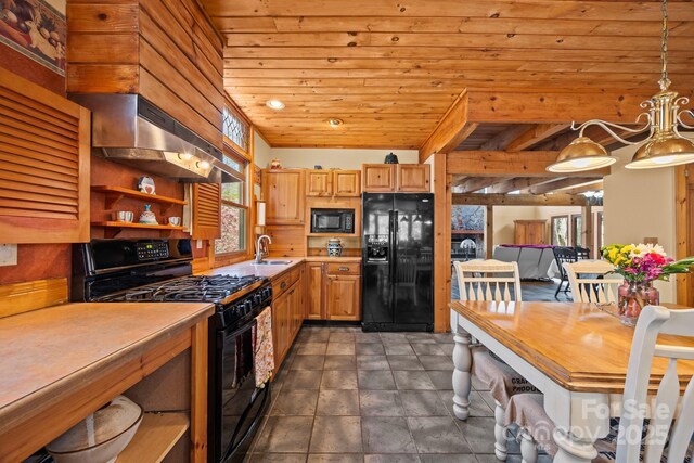 63 Chestnut Forest Rd, Fairview, NC 28730 - kitchen with a sink, open shelves, black appliances, ventilation hood, and wooden ceiling