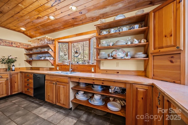 63 Chestnut Forest Rd, Fairview, NC 28730 - kitchen with black dishwasher, open shelves, wooden ceiling, and a sink