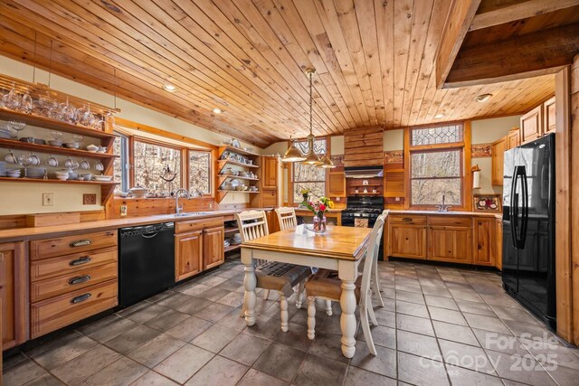 63 Chestnut Forest Rd, Fairview, NC 28730 - tiled dining space with an inviting chandelier, a sink, recessed lighting, and wooden ceiling