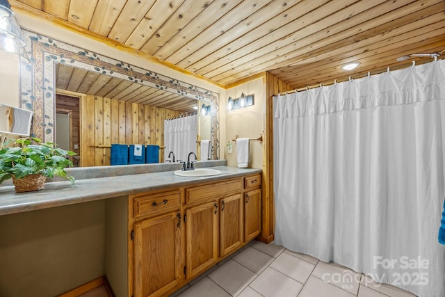63 Chestnut Forest Rd, Fairview, NC 28730 - full bath featuring wood walls, a shower with curtain, vanity, tile patterned floors, and wooden ceiling