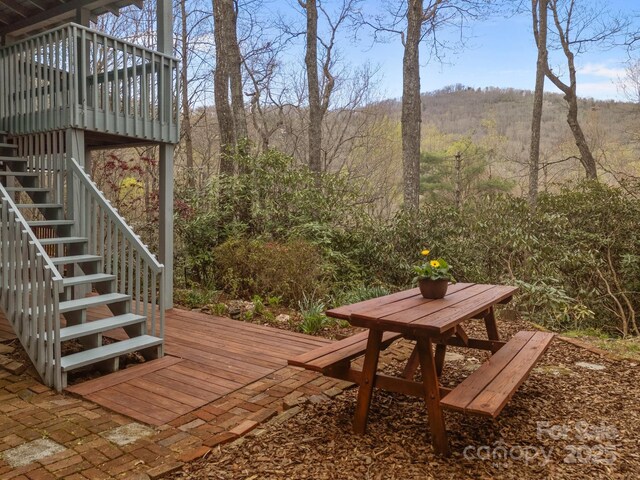 63 Chestnut Forest Rd, Fairview, NC 28730 - wooden terrace featuring stairs and a view of trees