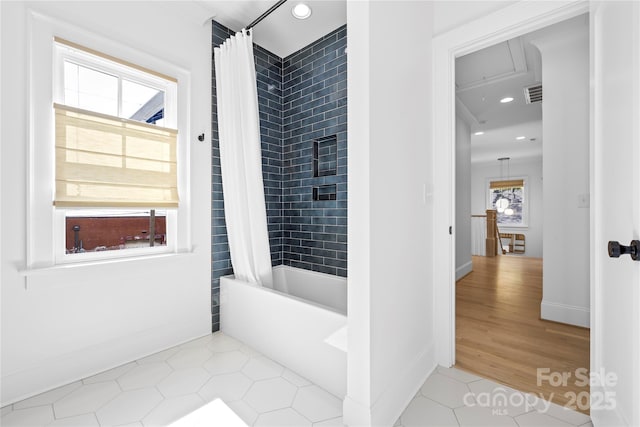 210 Walford Dr, Charlotte, NC 28208 - bathroom with tile patterned flooring, visible vents, recessed lighting, shower / tub combo, and baseboards