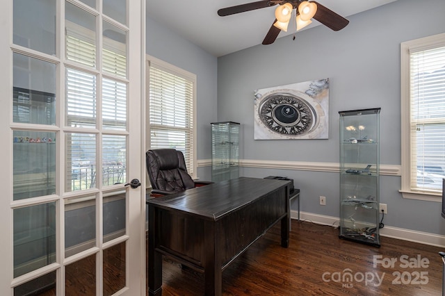 6352 Willow Farm Dr, Denver, NC 28037 - office featuring ceiling fan, baseboards, a healthy amount of sunlight, and wood finished floors