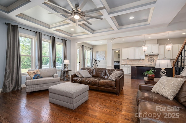 6352 Willow Farm Dr, Denver, NC 28037 - living area featuring ornate columns, coffered ceiling, dark wood-style flooring, stairs, and ceiling fan