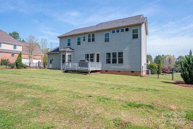 6352 Willow Farm Dr, Denver, NC 28037 - rear view of house with a lawn, crawl space, a fenced backyard, and a deck