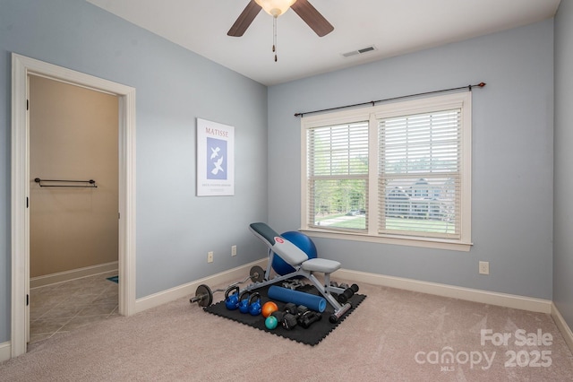 6352 Willow Farm Dr, Denver, NC 28037 - workout room with carpet floors, visible vents, a ceiling fan, and baseboards