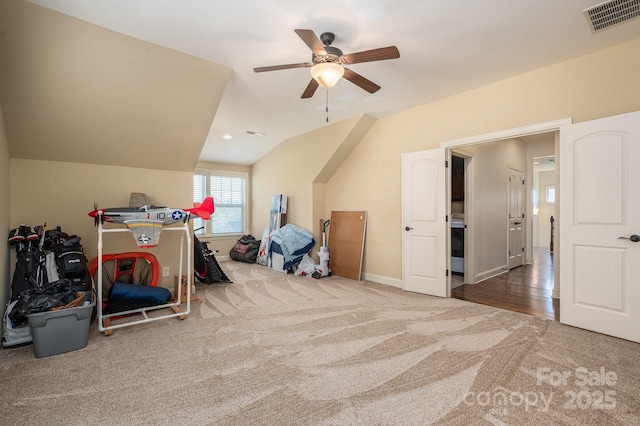 6352 Willow Farm Dr, Denver, NC 28037 - playroom with carpet, lofted ceiling, visible vents, baseboards, and ceiling fan