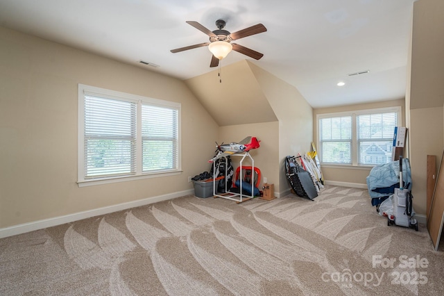 6352 Willow Farm Dr, Denver, NC 28037 - interior space with lofted ceiling, a ceiling fan, carpet flooring, and visible vents