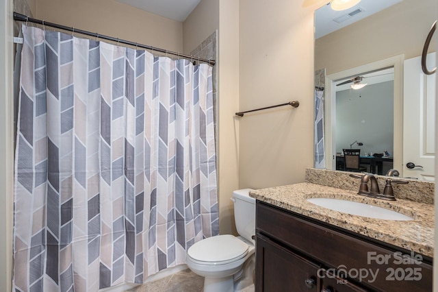 6352 Willow Farm Dr, Denver, NC 28037 - bathroom with vanity, curtained shower, toilet, tile patterned flooring, and visible vents