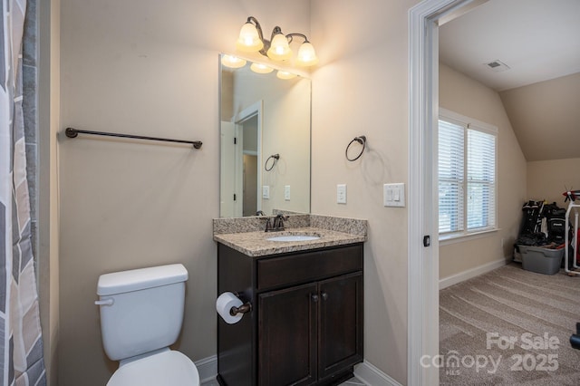 6352 Willow Farm Dr, Denver, NC 28037 - bathroom featuring toilet, vaulted ceiling, baseboards, visible vents, and vanity