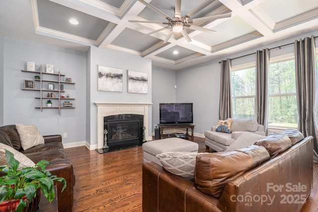 6352 Willow Farm Dr, Denver, NC 28037 - living room with a fireplace with flush hearth, coffered ceiling, baseboards, dark wood-style flooring, and a ceiling fan