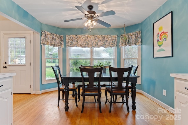 1050 Merrywood Dr, Newton, NC 28658 - dining area with baseboards, a ceiling fan, and light wood-style floors