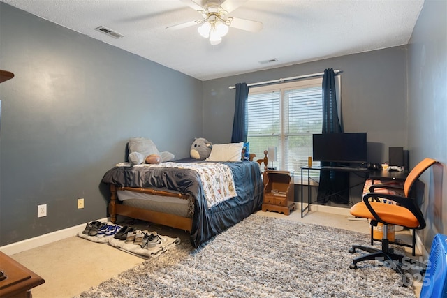 1050 Merrywood Dr, Newton, NC 28658 - carpeted bedroom featuring visible vents, baseboards, a textured ceiling, and ceiling fan