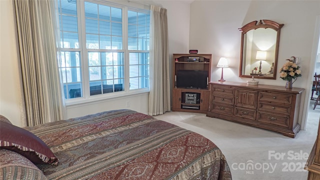 bedroom with light colored carpet