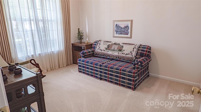 sitting room with baseboards and carpet floors