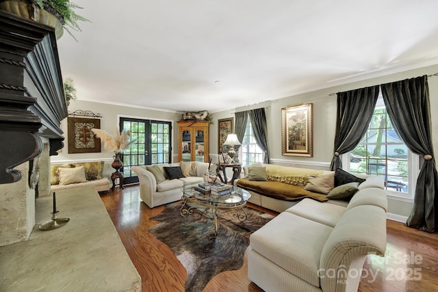 living room with french doors, wood finished floors, and a wealth of natural light