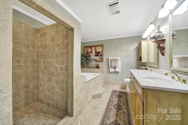 full bathroom featuring a sink, toilet, tile patterned floors, visible vents, and a bath