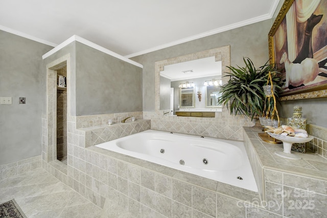 bathroom featuring a whirlpool tub, crown molding, and a shower stall