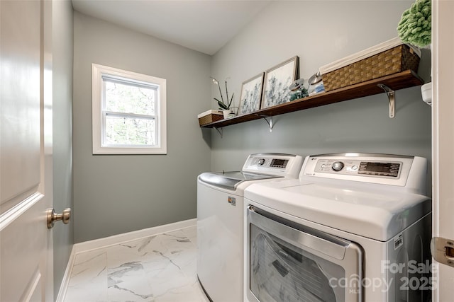 405 Five Leaf Ln, Waxhaw, NC 28173 - laundry room with washing machine and clothes dryer, marble finish floor, laundry area, and baseboards
