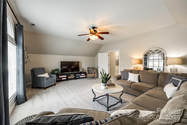 405 Five Leaf Ln, Waxhaw, NC 28173 - living area with visible vents, carpet flooring, a ceiling fan, and vaulted ceiling