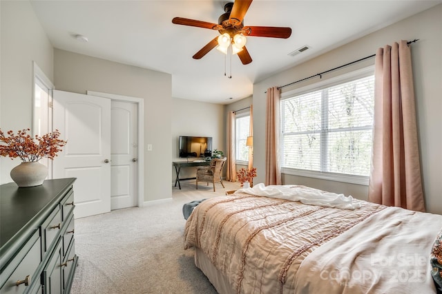 405 Five Leaf Ln, Waxhaw, NC 28173 - bedroom with light carpet, ceiling fan, baseboards, and visible vents