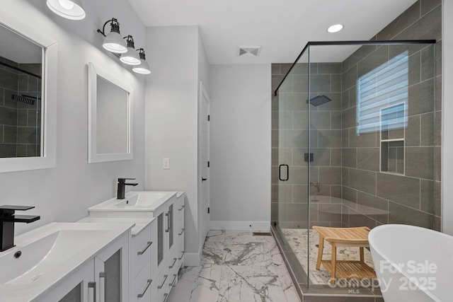 full bathroom featuring a sink, visible vents, a shower stall, and marble finish floor