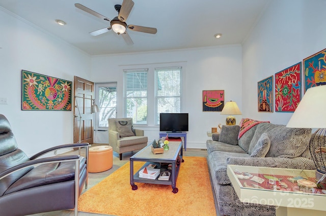 1000 E 35th St, Charlotte, NC 28205 - living room featuring ceiling fan, crown molding, wood finished floors, and recessed lighting