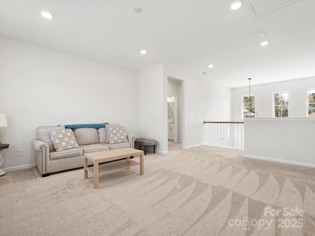 5532 Muckross Ln, Fort Mill, SC 29707 - living room with light carpet, attic access, baseboards, and recessed lighting