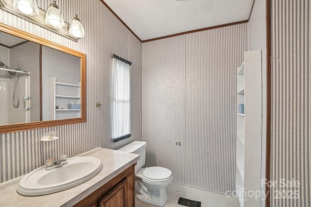 full bath with ornamental molding, a shower, visible vents, and wallpapered walls