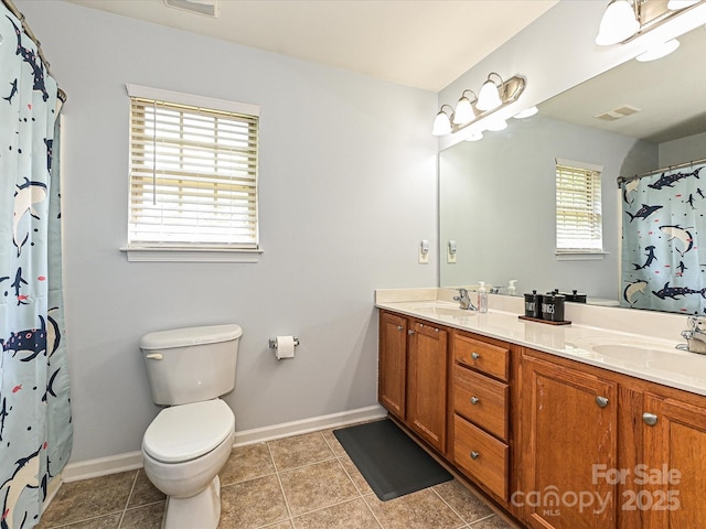 3914 Cassidy Dr, Waxhaw, NC 28173 - full bathroom featuring toilet, double vanity, baseboards, tile patterned flooring, and a shower with shower curtain