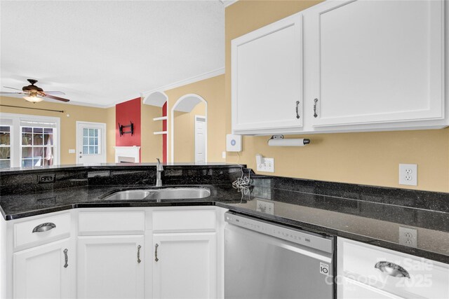 4155 Guilford Ct NW, Concord, NC 28027 - kitchen featuring a sink, stainless steel dishwasher, white cabinetry, ceiling fan, and dark stone countertops