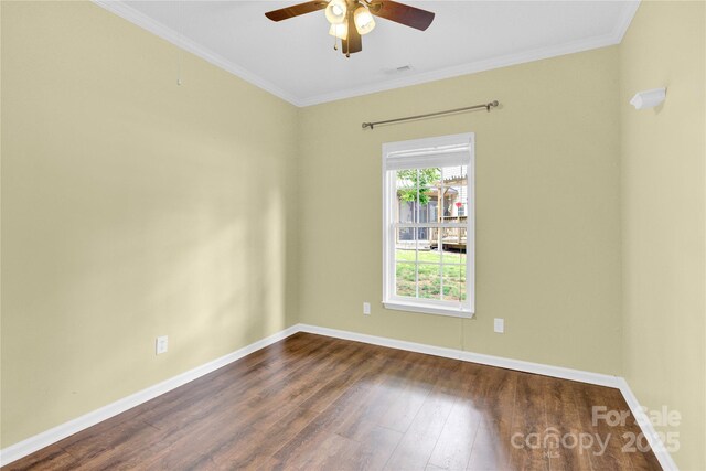 4155 Guilford Ct NW, Concord, NC 28027 - unfurnished room with dark wood-type flooring, ceiling fan, baseboards, and crown molding