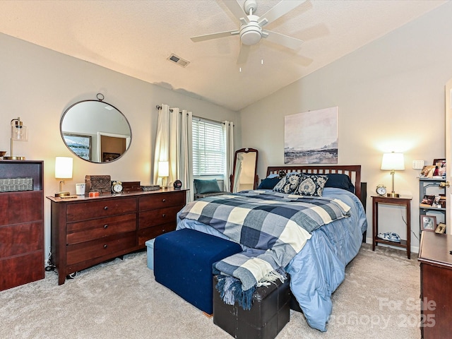 9305 Four Mile Creek Rd, Charlotte, NC 28277 - bedroom featuring carpet, visible vents, vaulted ceiling, and a ceiling fan