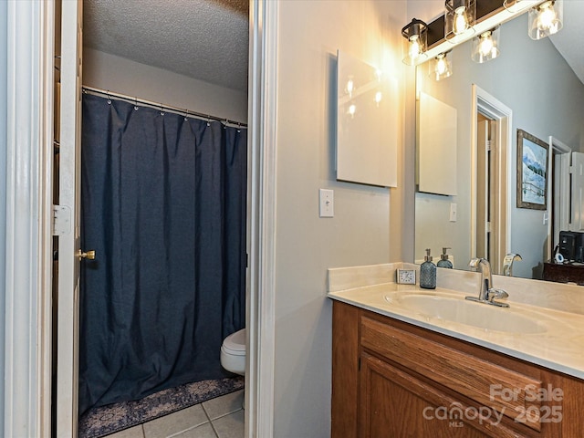 9305 Four Mile Creek Rd, Charlotte, NC 28277 - bathroom featuring vanity, curtained shower, tile patterned floors, a textured ceiling, and toilet