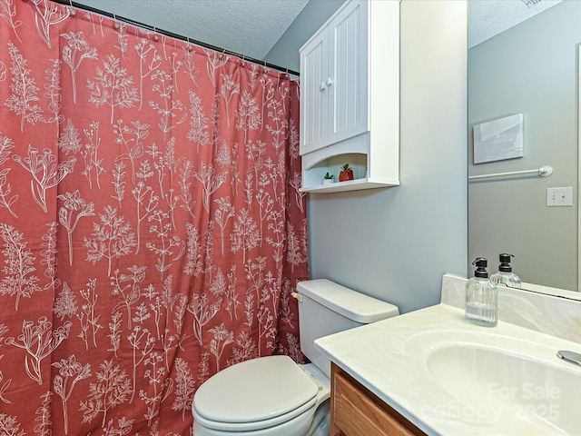 9305 Four Mile Creek Rd, Charlotte, NC 28277 - full bathroom with toilet, a shower with shower curtain, vanity, and a textured ceiling