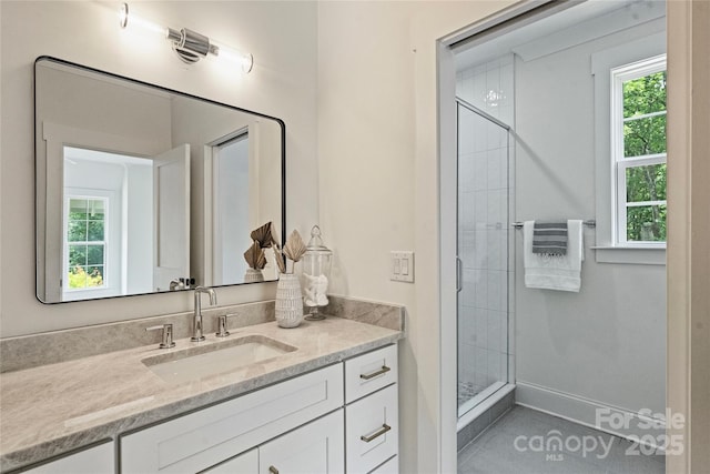 5010 Ohm Ln, Charlotte, NC 28270 - full bathroom featuring vanity, a shower stall, and tile patterned floors
