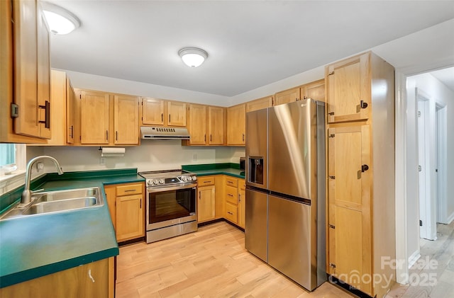 kitchen featuring a sink, light wood-type flooring, dark countertops, under cabinet range hood, and stainless steel appliances