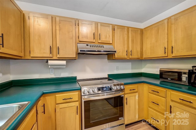 kitchen with a sink, dark countertops, stainless steel appliances, and under cabinet range hood