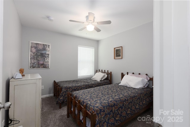 bedroom featuring carpet floors, baseboards, and ceiling fan