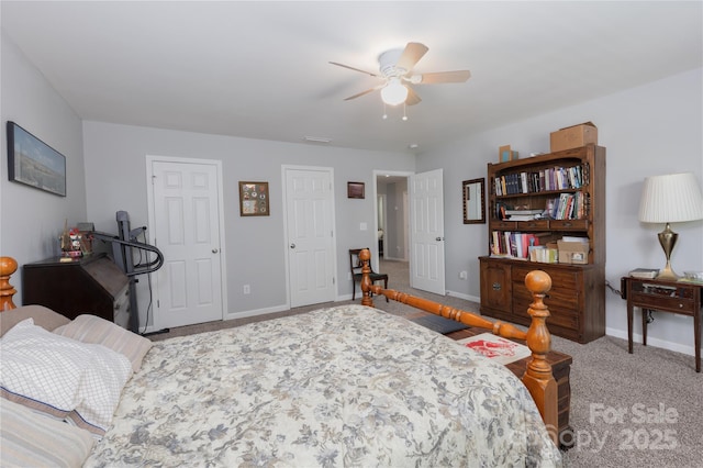 bedroom with ceiling fan, carpet floors, and baseboards