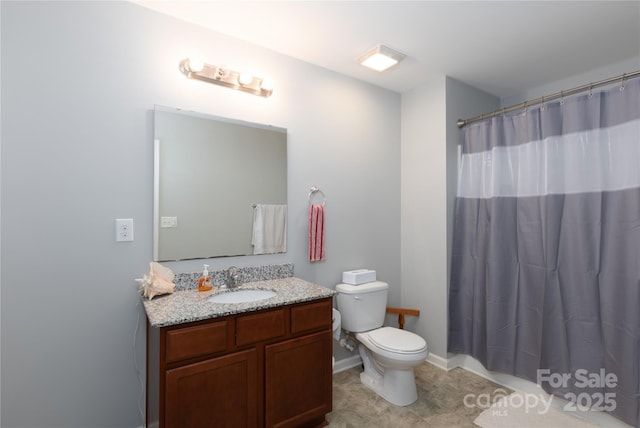 full bathroom featuring a shower with curtain, toilet, baseboards, tile patterned flooring, and vanity