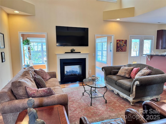 living room featuring a towering ceiling, plenty of natural light, wood finished floors, and a glass covered fireplace