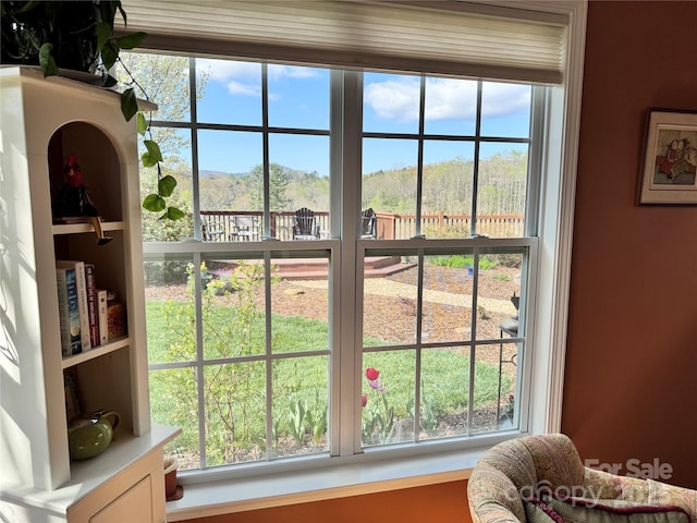 doorway featuring a healthy amount of sunlight and a mountain view