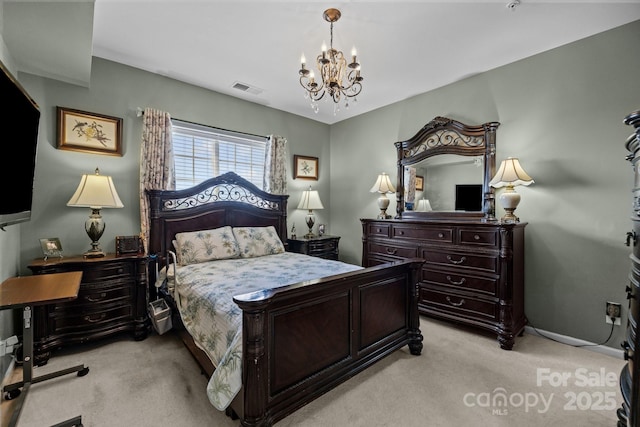 bedroom with a notable chandelier, visible vents, light colored carpet, and baseboards