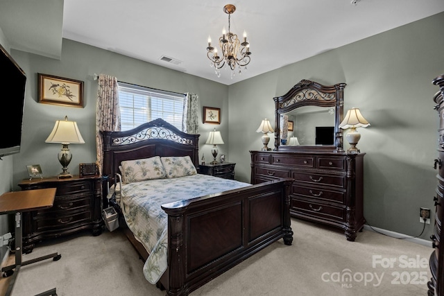 bedroom with a chandelier, light carpet, baseboards, and visible vents