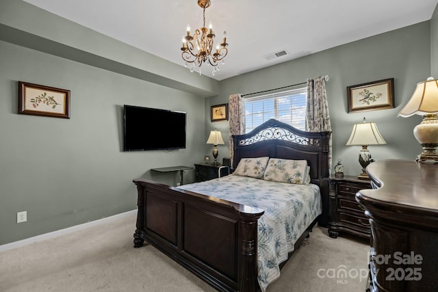 bedroom with a chandelier, visible vents, light colored carpet, and baseboards