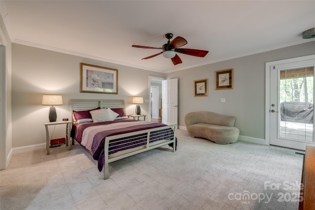 carpeted bedroom featuring access to outside, baseboards, crown molding, and a ceiling fan