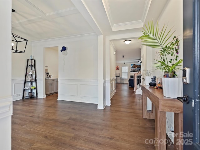entryway with crown molding, a decorative wall, a fireplace, dark wood-type flooring, and a wainscoted wall